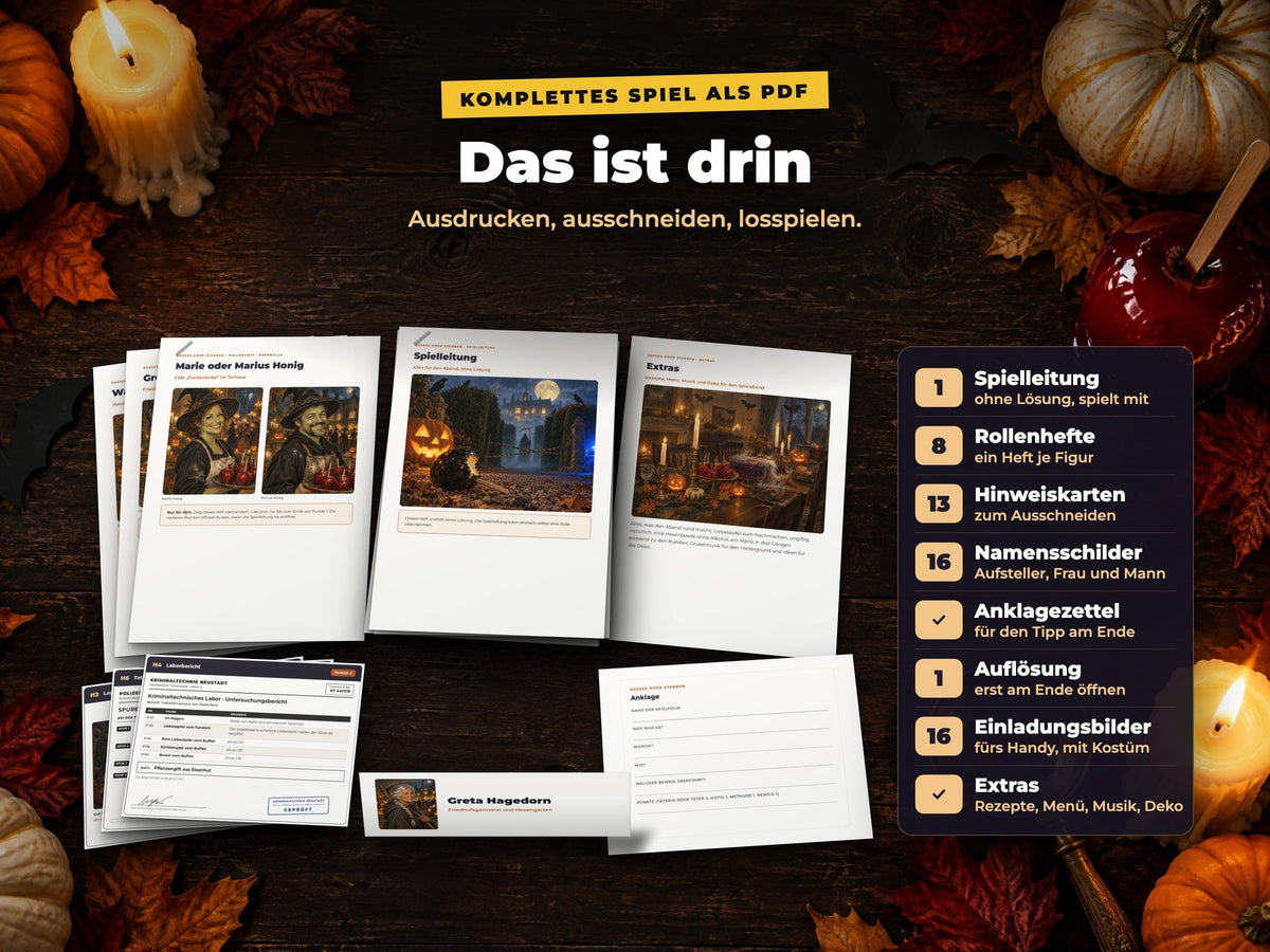 Das ist drin: Spielleitung, Rollenhefte, Hinweiskarten, Extras