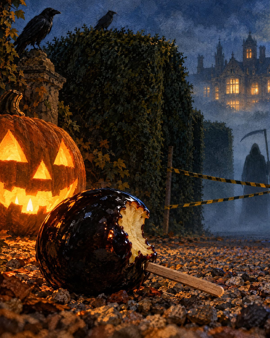 Angebissener schwarzer Liebesapfel vor dem Heckenlabyrinth von Gut Rabenfenn in der Halloweennacht