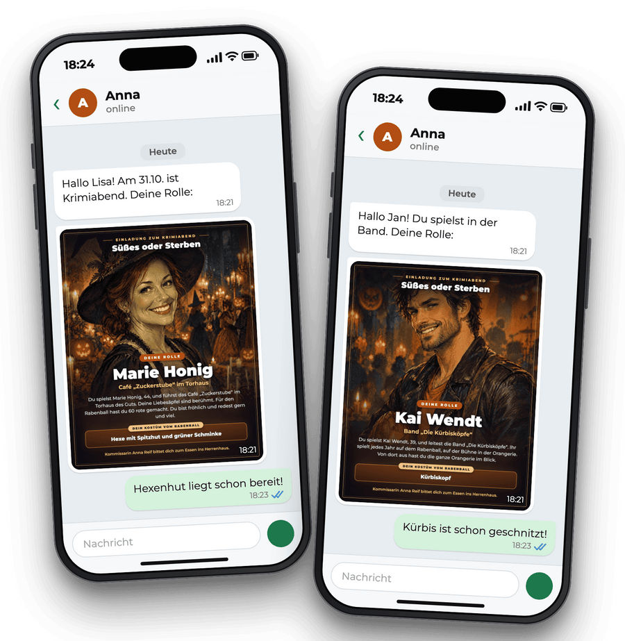 Zwei Handys mit Einladung und Rollenbild von Marie Honig und Kai Wendt im Messenger