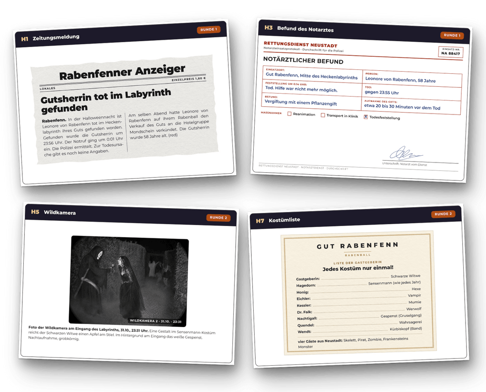 Vier Hinweiskarten: Zeitungsmeldung, Befund des Notarztes, Wildkamera und Kostümliste