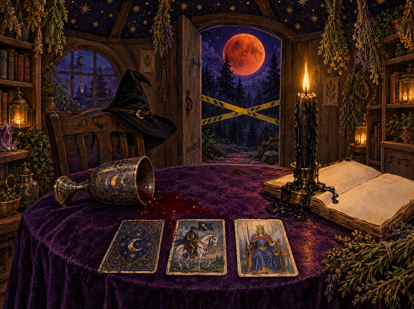 Witch Happens: umgestürzter Silberkelch und drei Tarotkarten in der Tarotstube, draußen der Blutmond