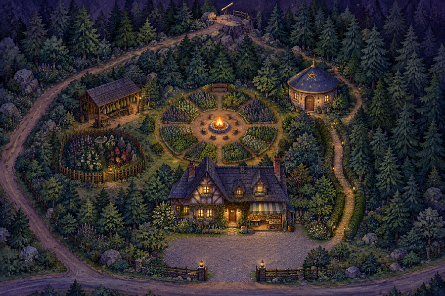 Das Hexendorf Mistelgrund mit Kräutergarten und Hexenhaus von oben